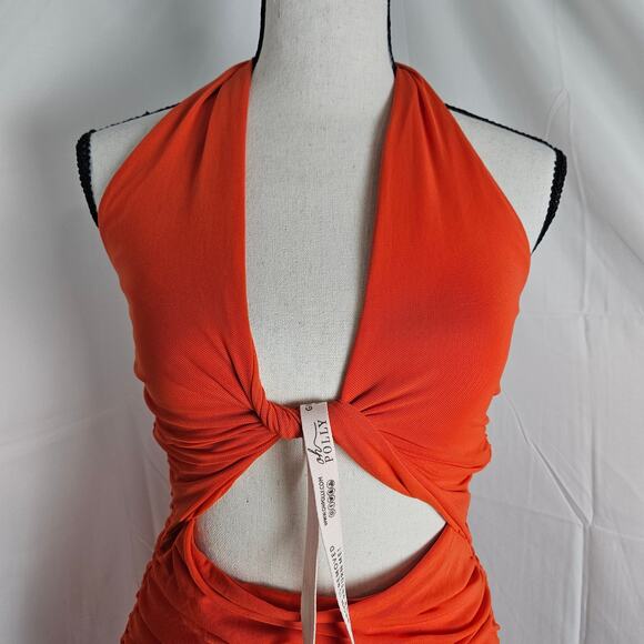 Oh Polly Halter Cutout Ruched Midi Dress Women's Sz 4  Orange Bodycon Party - Picture 2 of 14